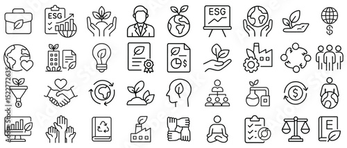 Sustainable development icons displaying environmental social and governance investment approach line art style