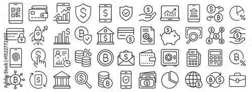 A versatile set of business and finance line icons representing various financial transactions and growth
