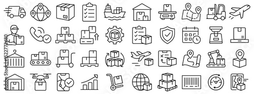 Comprehensive collection of outline icons depicting global logistics shipping and delivery services system