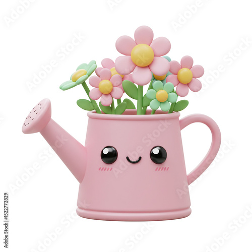 3d Kawaii Pink Watering can with a Bouquet of Flowers