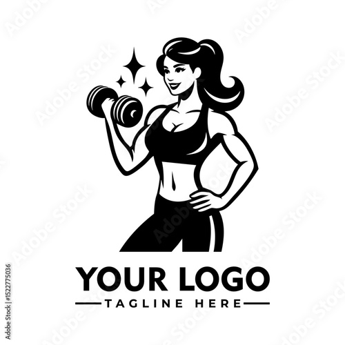Strong fit woman lifting dumbbells in workout gear, black and white cartoon vector illustration
