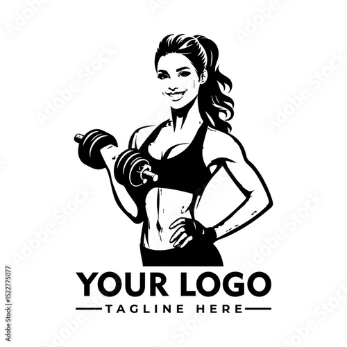Strong fit woman lifting dumbbells in workout gear, black and white cartoon vector illustration

