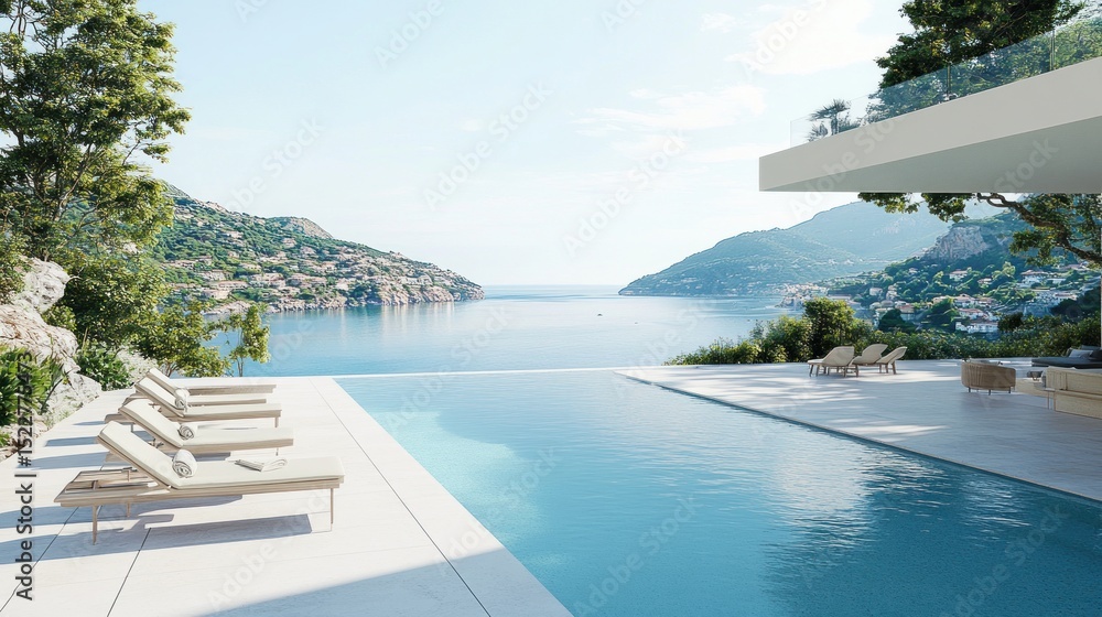 Fototapeta premium Panoramic ocean view pool deck with lounge chairs.