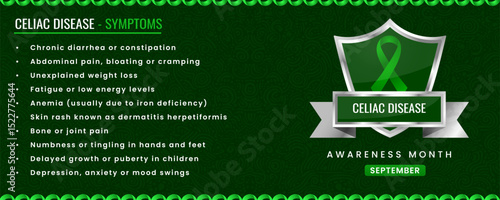 Celiac Disease Awareness ribbon with Symptoms, Shield Design with Pattern Based Background.