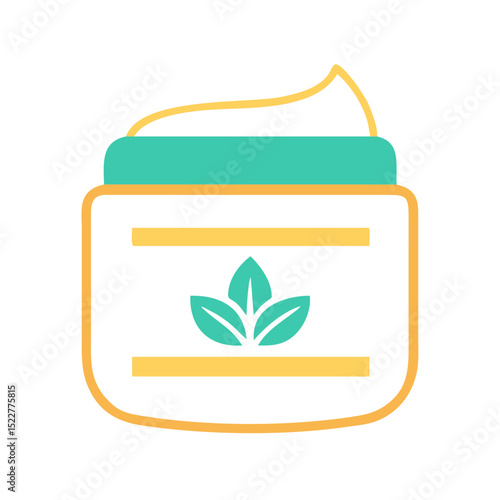 Herbal cream container with green lid and leaf symbol design  