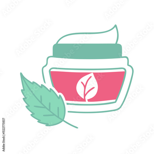 Herbal cream jar with leaf illustration in minimalist style  