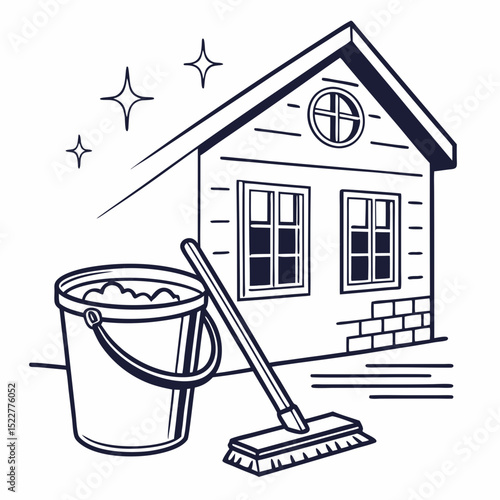 House cleaning tools including bucket and broom beside a cottage  