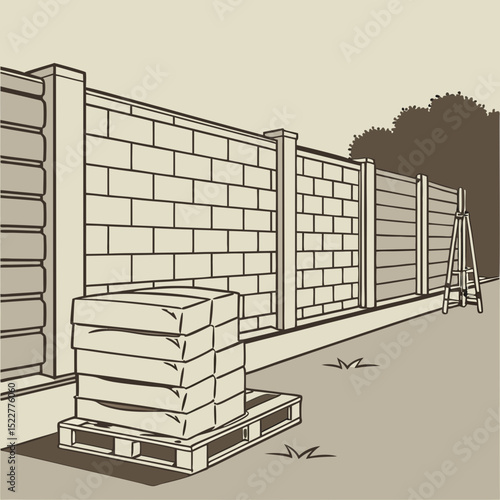 Construction site with stacked bricks and a fence in sketch style  