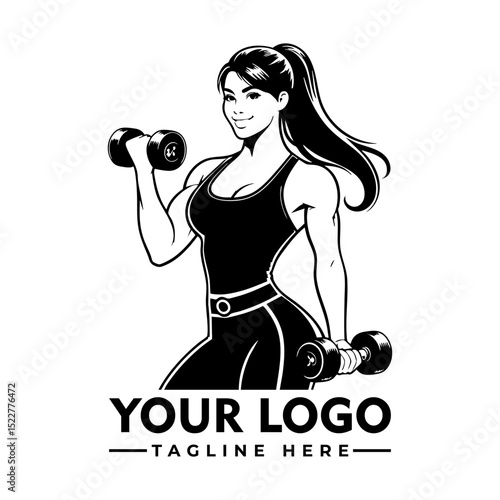 Strong fit woman lifting dumbbells in workout gear, black and white cartoon vector illustration
