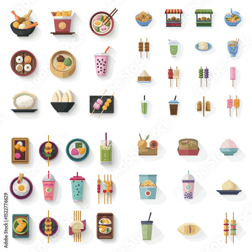 Flat vector set of Asian street food and drinks including boba tea, skewers, rice bowls, dumplings, sushi, and market stalls in pastel modern style.

