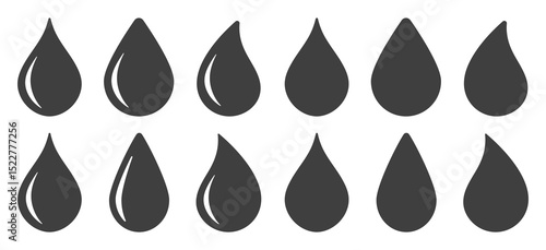 Water drop shape icon symbol set. Flat style oil drop silhouette. Vector illustration image. Plumbing logo. Isolated on white background.	