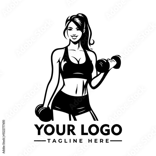 Strong fit woman lifting dumbbells in workout gear, black and white cartoon vector illustration
