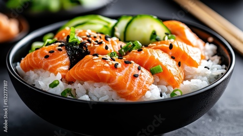 A vibrant sushi bowl featuring delicately arranged slices of salmon atop fluffy rice, garnished with fresh vegetables and sesame seeds for an appetizing presentation.