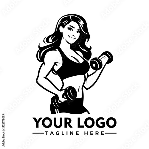 Strong fit woman lifting dumbbells in workout gear, black and white cartoon vector illustration
