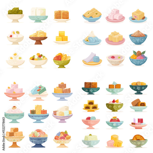 Vector illustration of traditional Asian sweets including pudding, jelly, sticky rice, and shaved ice served in elegant bowls with colorful presentation.

