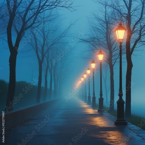 A misty path illuminated by warm street lamps