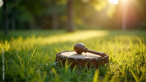 Drum resting on grass in serene setting during golden hour  