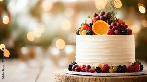 Fototapeta Naklejka Na Ścianę i Meble -  A stunning tiered cake adorned with a colorful array of fresh fruits, perfect for celebrations such as weddings or birthdays, providing a sweet treat elegantly presented.