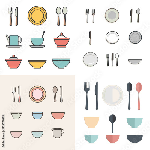 Minimalist tableware icon set including plates, bowls, cups, forks, spoons, and knives in flat pastel style. Ideal for kitchenware, food blogs, and dining visuals.

