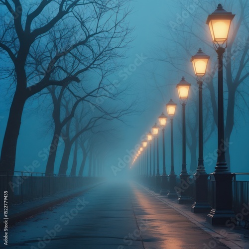 Foggy Pathway Under Street Lamps