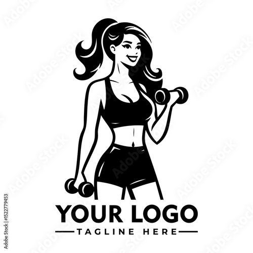 Strong fit woman lifting dumbbells in workout gear, black and white cartoon vector illustration
