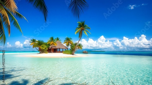A secluded tropical island with a thatched hut and a palm tree, surrounded by clear water. An ideal place for rest and relaxation away from the bustle of the city.
