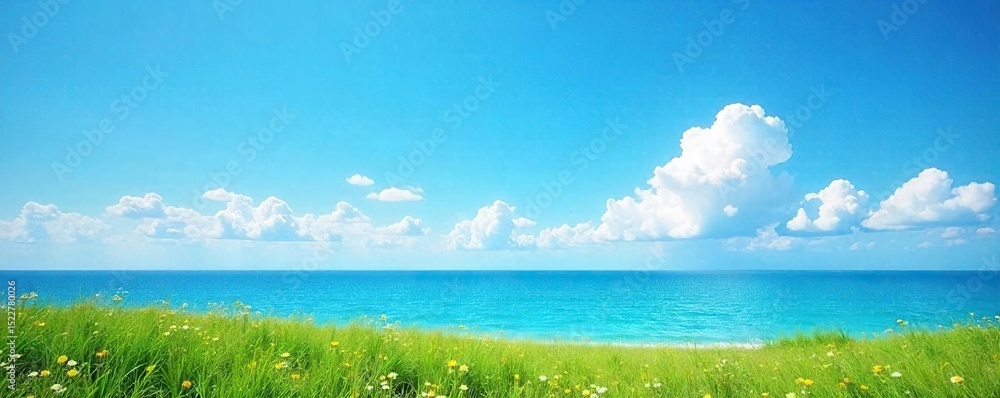 Fototapeta premium Vast, cloudless azure sky stretching to the horizon, bathed in brilliant sunshine Perfect summer day, idyllic landscape Ideal for travel, nature, or weather-related projects , sky, calm, vastness