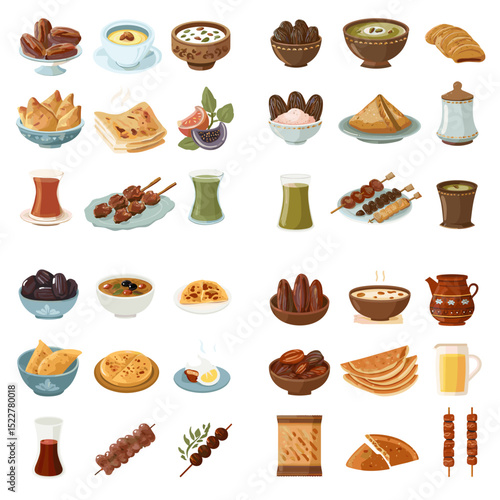 Traditional Middle Eastern food and tea vector set featuring dates, flatbread, kebabs, figs, and tea glasses. Perfect for Ramadan, cultural menus, and cuisine illustrations.

