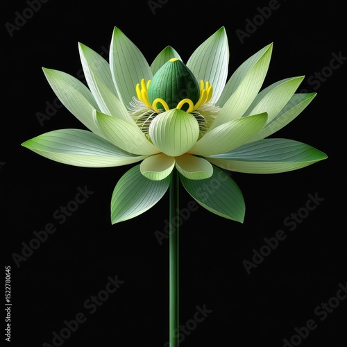 Close-up of a pale green lotus flower on a black background.  Soft, delicate petals, a green center with yellow detailing, and a long, elegant stem.  High-quality rendering