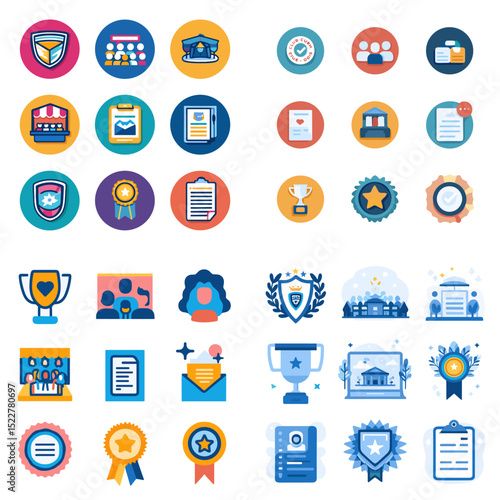 Modern badge and award icon set representing certificates, achievements, medals, and honors, perfect for education, online courses, gamification, and success themes.

