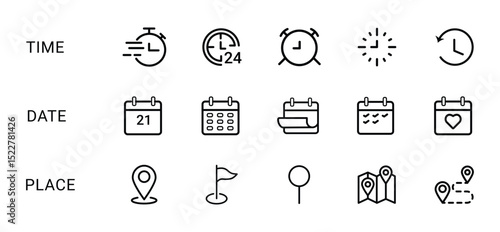 place, time and date liner icon set. position, clock and calendar symbol. business vector design. location, time and date icon for app, ui and website. vector illustration