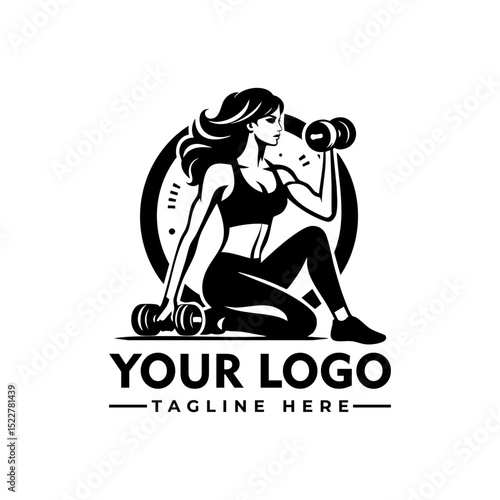 Strong fit woman lifting dumbbells in workout gear, black and white cartoon vector illustration
