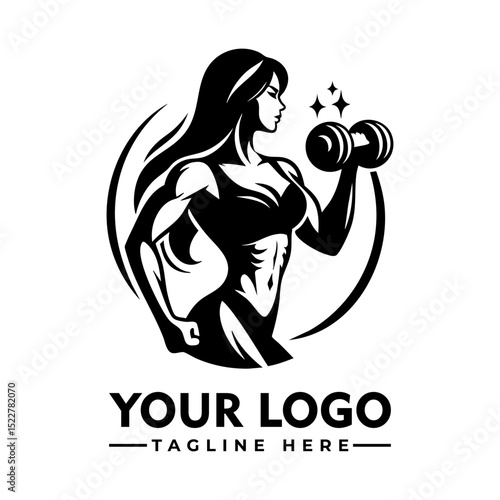 Strong fit woman lifting dumbbells in workout gear, black and white cartoon vector illustration
