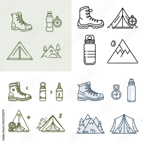 Minimalist outline vector icons of camping gear including boots, tents, bottles, mountains, and compasses, perfect for adventure, hiking, and travel projects.


