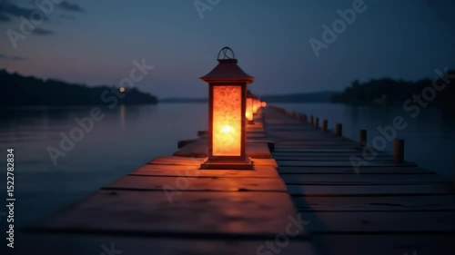 Lantern glowing on wooden pier by tranquil lake at night  