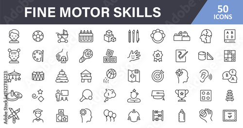 Fine motor skills development icon set. Children coordination and learning activities. Pre-school educational activities. Kindergarten educational games for kids skills. Vector