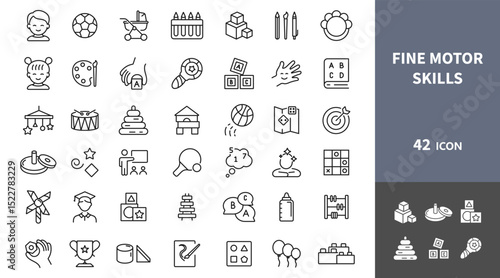 Fine motor skills icon set. Children's development. Kids' activity. Pre-school educational games. Training motor skills for toddlers and small children. Vector