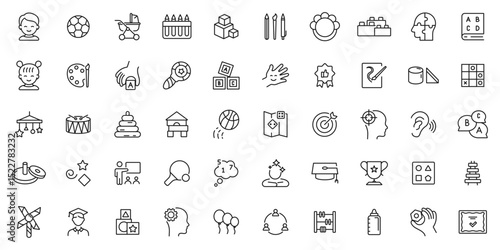 Fine Motor Skills icon set. Preschool Learning, Educational Games. Child development, pre-school educational activities. Memory, speaking, hearing, counting, drawing skills.