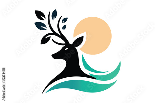 Deer Silhouette logo image. Doe, Buck, Stag, Roe, Fawn, Hind, Hart, Pricket, Venison art Illustration logo.
