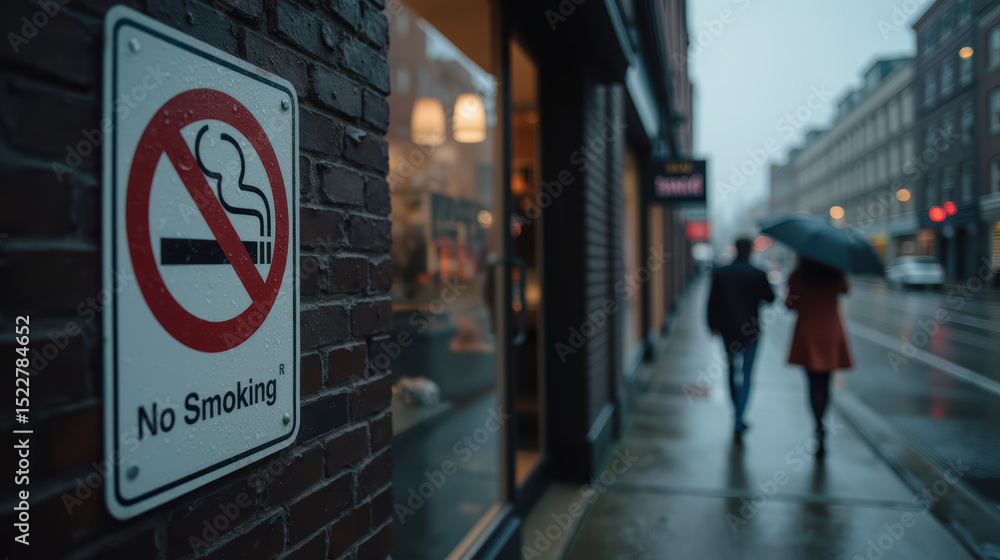 Obraz premium No smoking sign on brick wall, rainy street scene, people walking with umbrellas, urban environment, storefronts visible, moody atmosphere