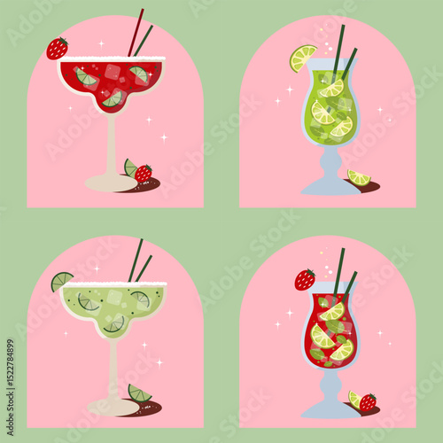 Cocktail set. Set of four cocktails mojito and mojito with strawberry, margarita and margarita with strawberry in retro style. Poster in pastel green pink tones. Bar. Menu. Cold drinks. Vector. 