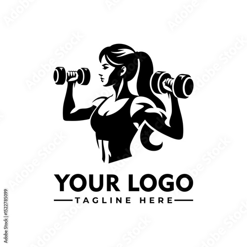 Strong fit woman lifting dumbbells in workout gear, black and white cartoon vector illustration
