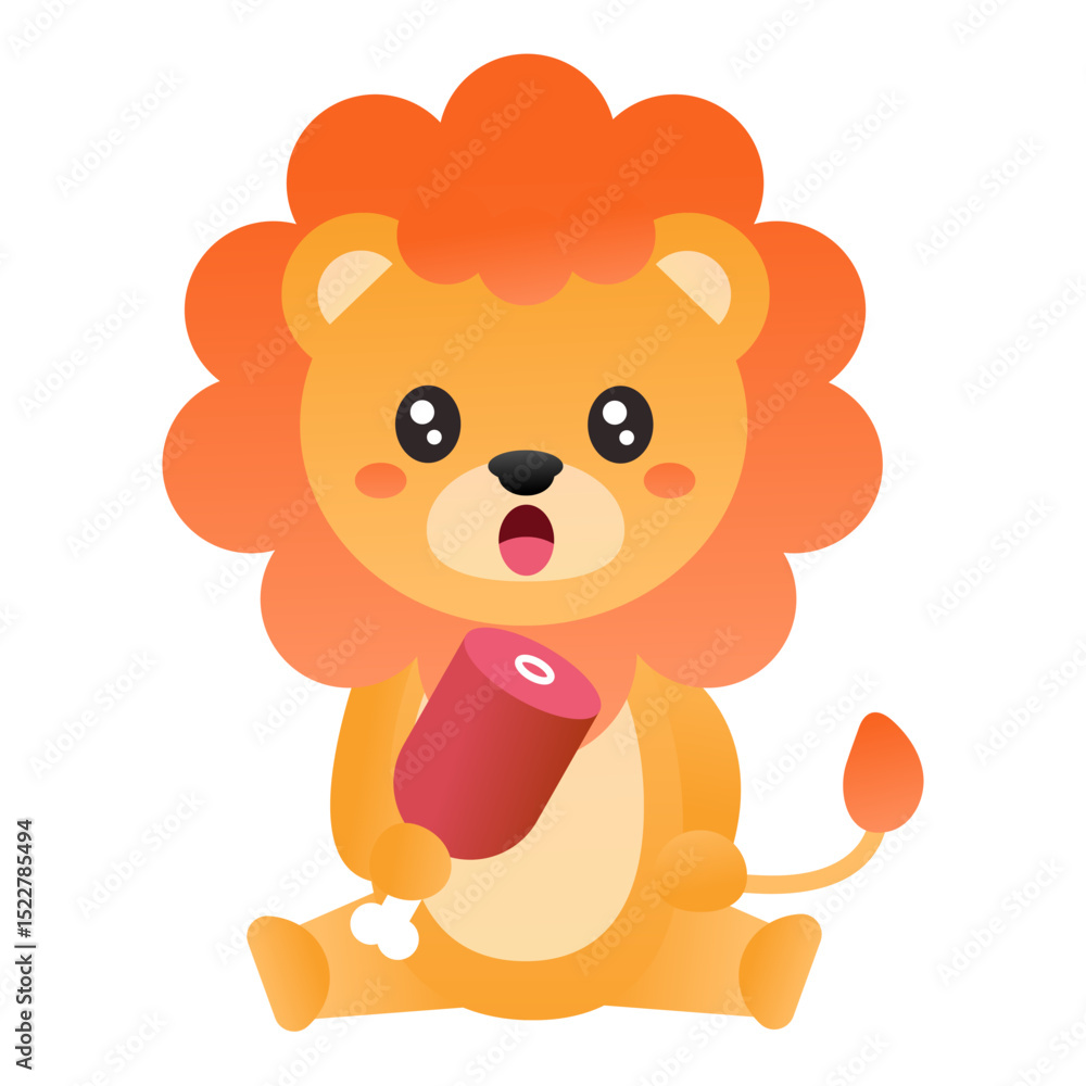 Fototapeta premium Cute cartoon baby lion sitting and holding a raw meat bone. Adorable animal character illustration, great for food or wild animal themes.
