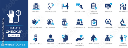 Health Checkup icon set. Doctor, Patient, Treatment, Mental, Set, Pharmacy, and diagnosis solid icon collection.