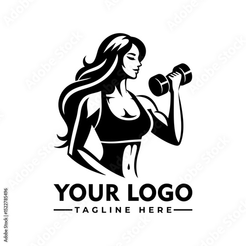 Strong fit woman lifting dumbbells in workout gear, black and white cartoon vector illustration
