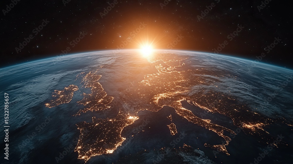 Fototapeta premium Sunrise over Europe, space view, city lights, night, Earth