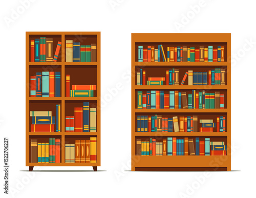 Set of bookcase full of books isolated on white background. Library interior wooden furniture. Vector stock