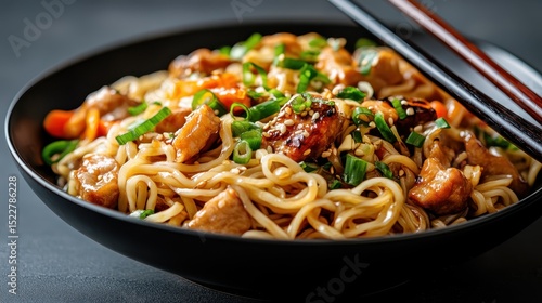 A vibrant bowl of savory noodles topped with tender chicken, fresh vegetables, and garnished with green onions, presenting a delightful fusion of flavors and textures for any meal.
