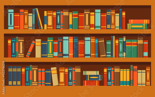 Books in library bookcase. Book shelves with multicolored books. Vector stock