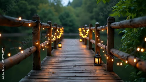 Wooden bridge adorned with lanterns and lights in serene nature  